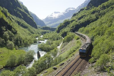 Norway by train - Flam Railway - Valley overview with train 