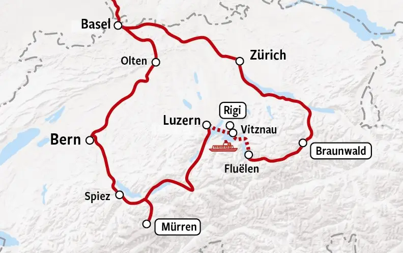 Autovrije Dorpen | Treinrondreis Zwitserland - kaart