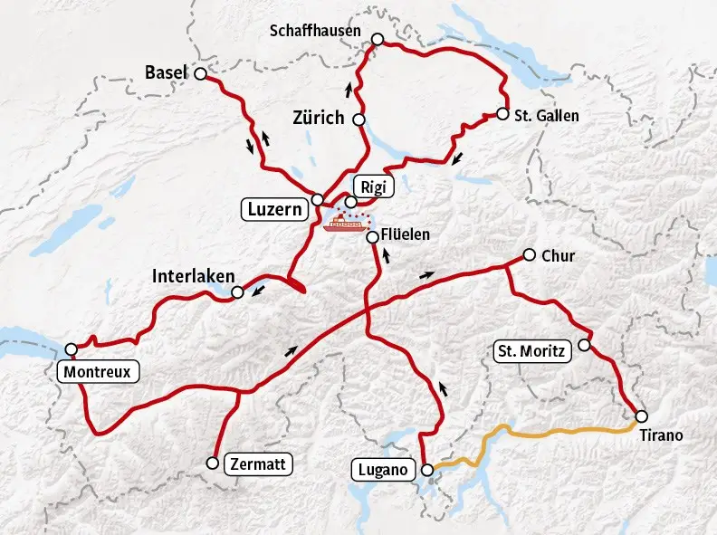 Grand Train Tour | Rondreis Zwitserland - kaart