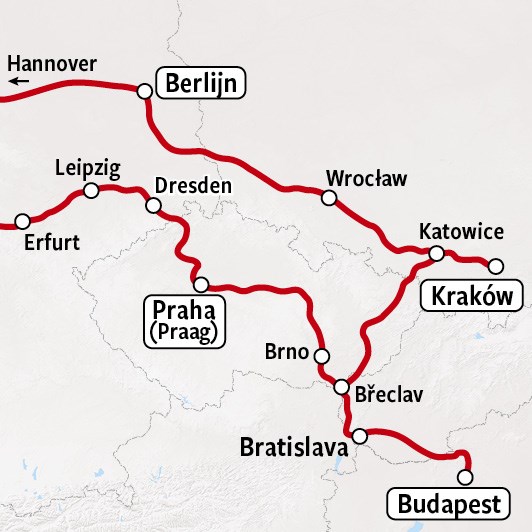 Treinrondreis Praag, Boedapest, Krakau | Kaart