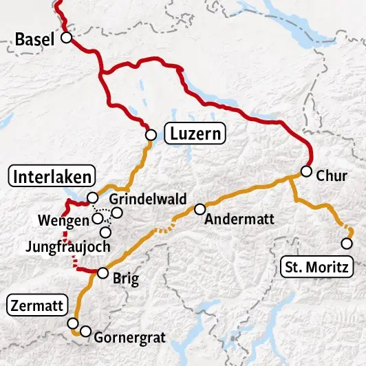Swiss Premium Tour | Treinrondreis Zwitserland kaart