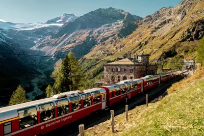 Glacier Express and Bernina Express Rail Tour through Switzerland, train on Bernina Railway