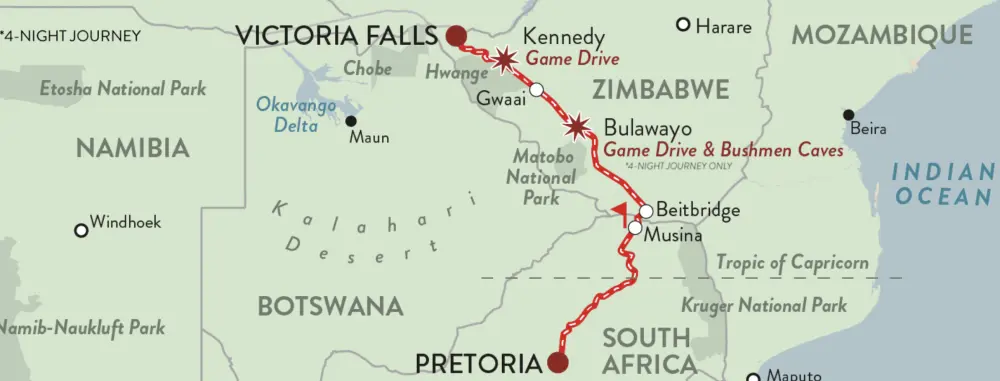 Rovos Rail - Pretoria - Victoria Falls 5 dagen | Kaart