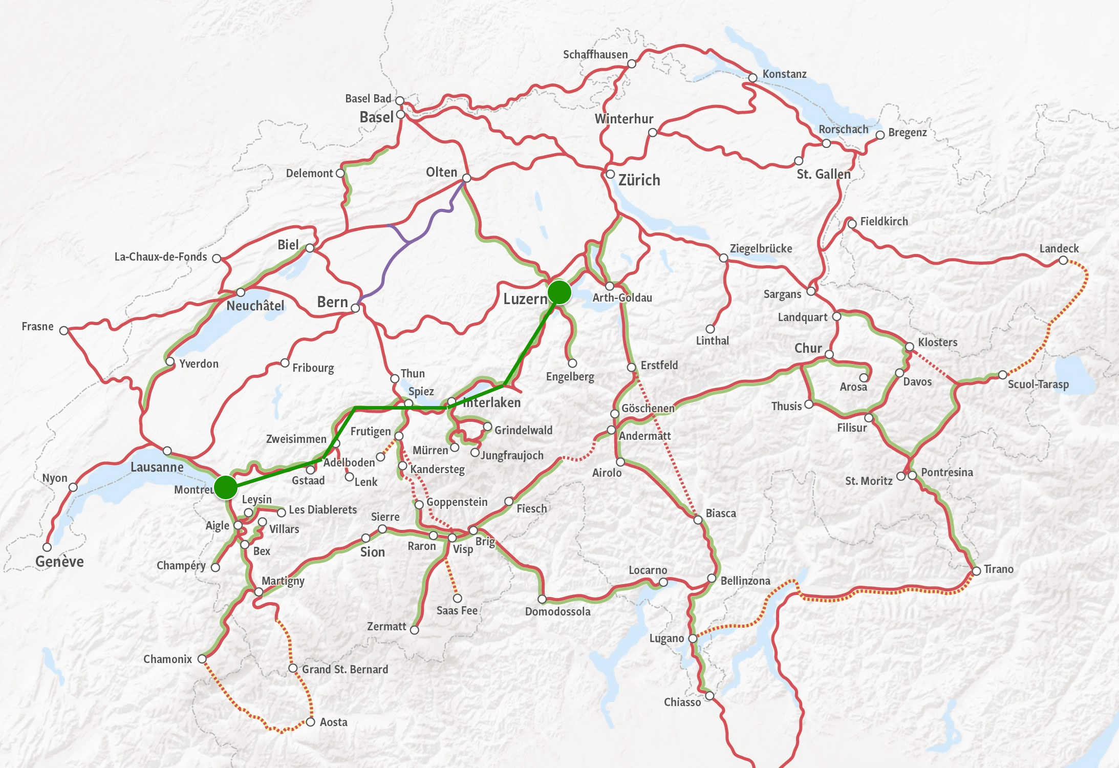 Kaart Montreux - Luzern