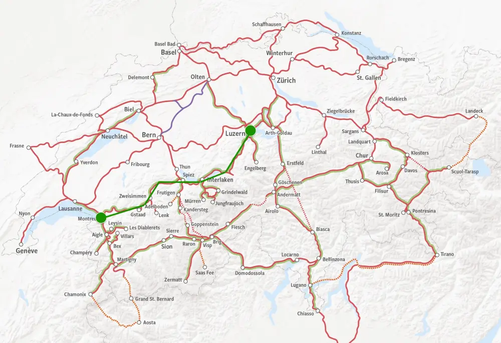 Kaart Montreux - Luzern