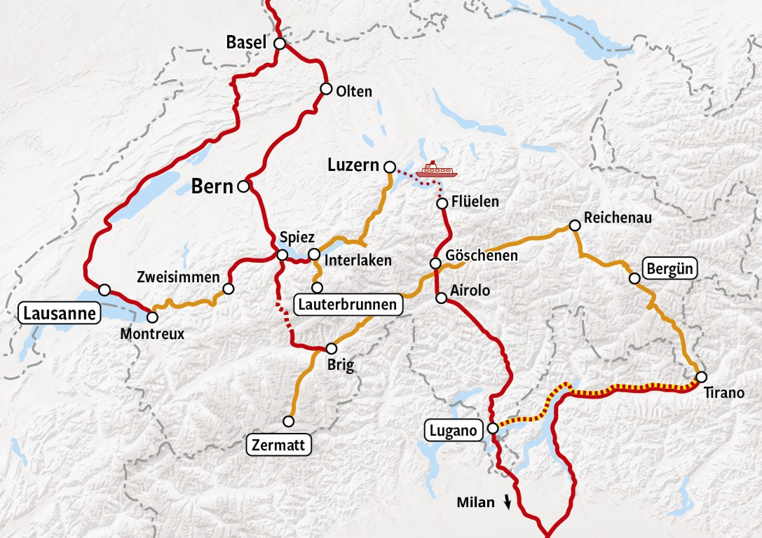 Swiss Panoramas Map - Rail Tour Swizterland