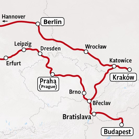 Prague, Budapest, Krakow - Rail Map 