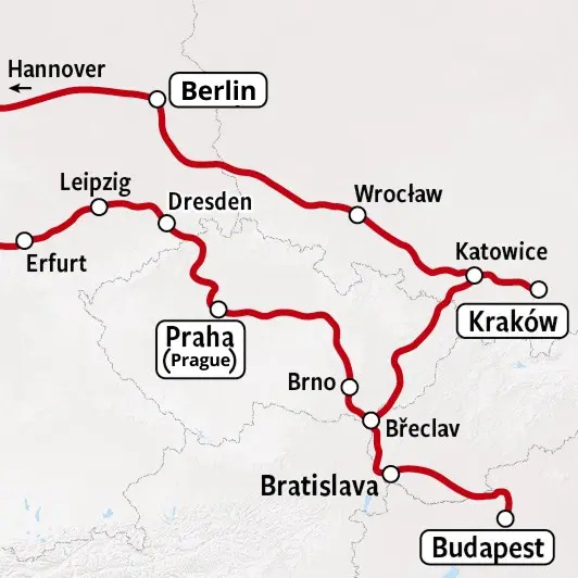 Prague, Budapest, Krakow - Rail Map