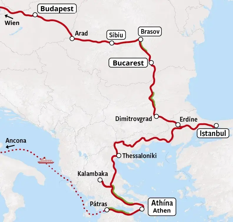 Bahnkarte Orient-Express-Route nach Istanbul – Route A